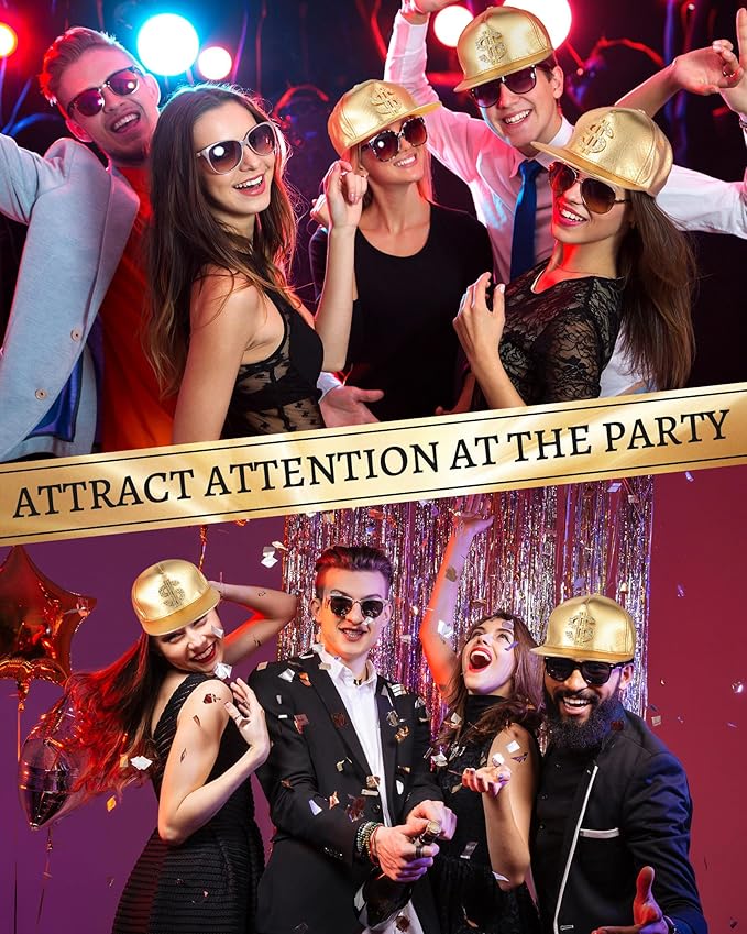 Xtinmee 12 Pcs Gold Hip Hop Hats Bulk 80s 90s Hat with Dollar Sign Hip Hop Birthday Party Decorations Flat Brimmed Rock Cap