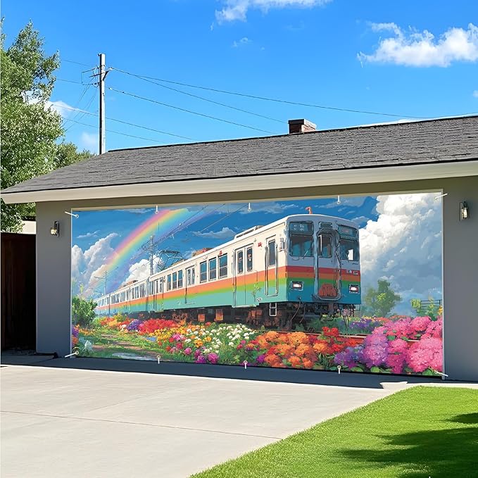 Train in the Spring Flowers Garage Door Banner 7x16FT, Colorful Train & Rainbow Outdoor Decoration for Garage Doors, Front Yard, and Seasonal Parties