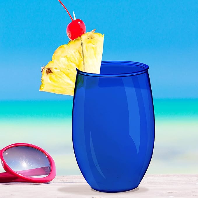 Plastic Stemless Wine Glasses 16 oz. Set of 10, Bulk Pack - BPA Free, Great for Outdoor Lounges, Poolside, Parties and Other Events - Blue