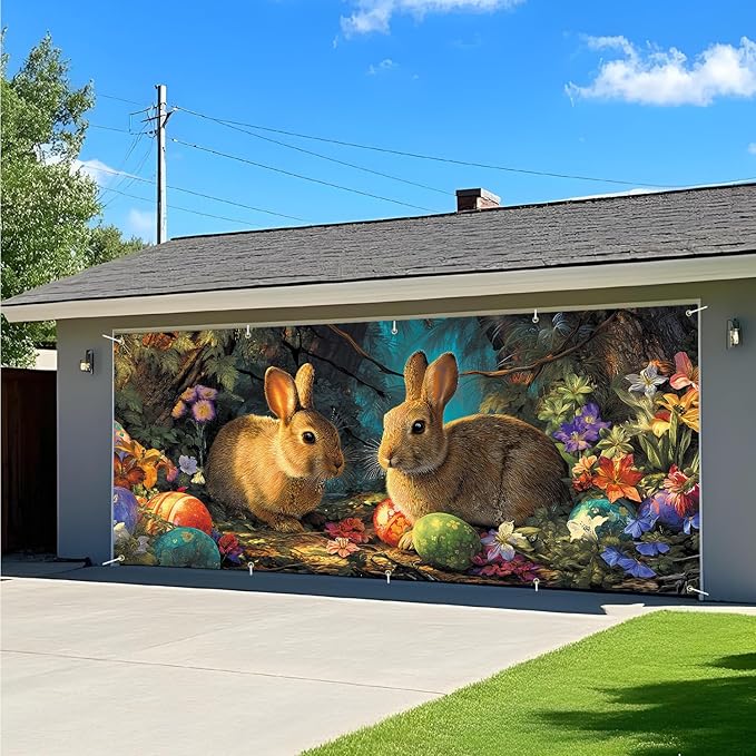 Easter Bunnies and Eggs Garage Door Banner 7x16FT, Cute Bunnies and Colorful Eggs Outdoor Spring Holiday Decoration for Yard and Garage