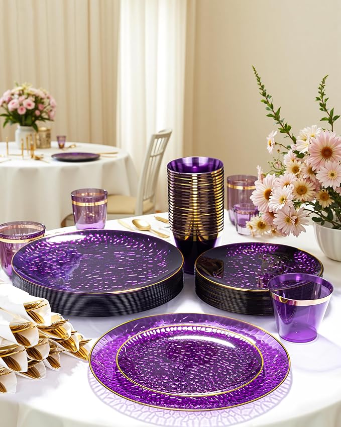 Hioasis 175pcs Purple Gold Plastic Plates - Purple Gold Dinnerware Set Includes 25 Dinner Plate, 25 Dessert Plate, 25 Cups, 25 Napkins Perfect for Wedding & Party