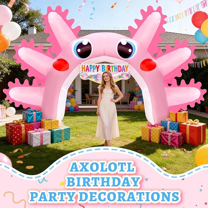 Eyourlife 16 FT Axolotl Inflatable Arch, Giant Pink Axolotl Birthday Party Decoration, Blow-Up Axolotl with 1 Blowers 3 Banners for Summer Beach Pool Party Supplies Animal Protection Activities