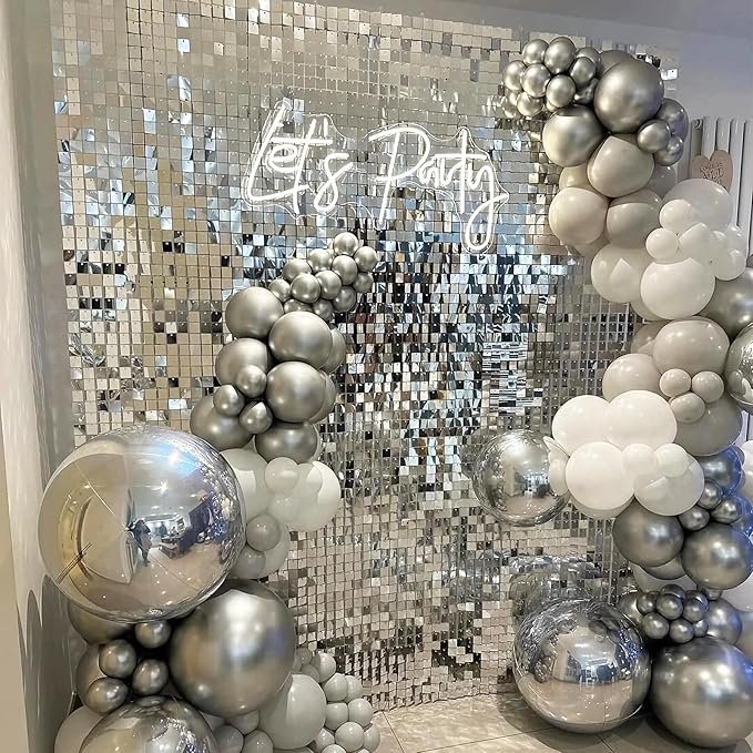4FT x 6FT Silver Shimmer Wall Backdrop,Shiny Sequins,24PCS Sequins Backdrop Decoration Panels, Glitter Bling Photo Background Decorations for Birthday Party Wedding Engagement Anniversary Graduation