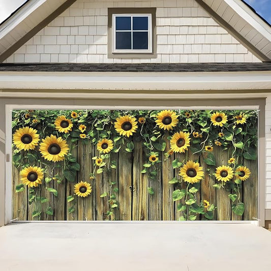 ANNA QUEEN Sunflower Fence Garage Door Banner 6 x 13FT, Vibrant Floral Sunflowers with Wooden Fence, Outdoor Garden Decoration for Spring and Summer Parties Home Decor