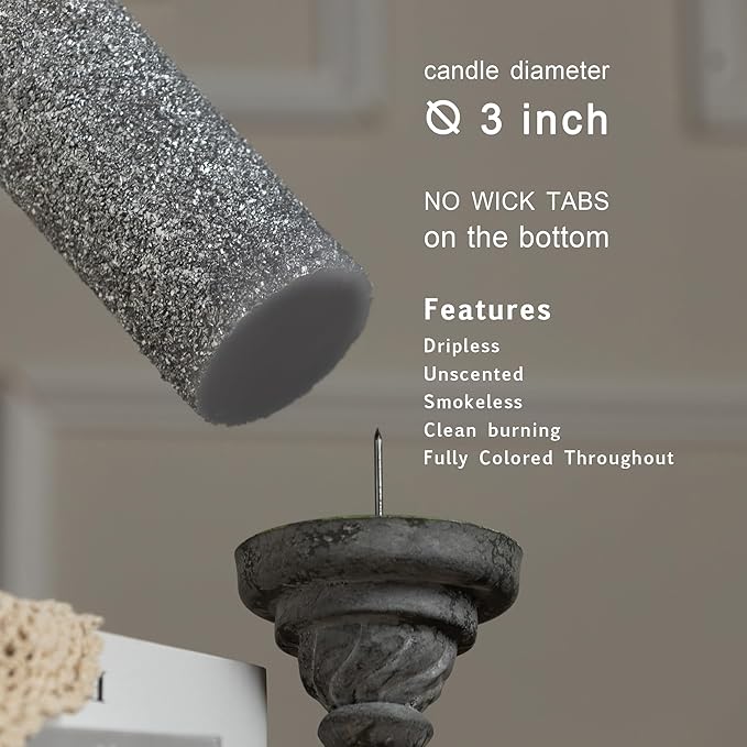 MOZEAL Hand-Poured Granular Texture Decorative Silver Pillar Candles Set of 3 (3"x4", 5", 6"), pprox 300 Hours Burn Time Dripless, Unscented, Smokeless, for Elegant Wedding, Luxury Party Décor