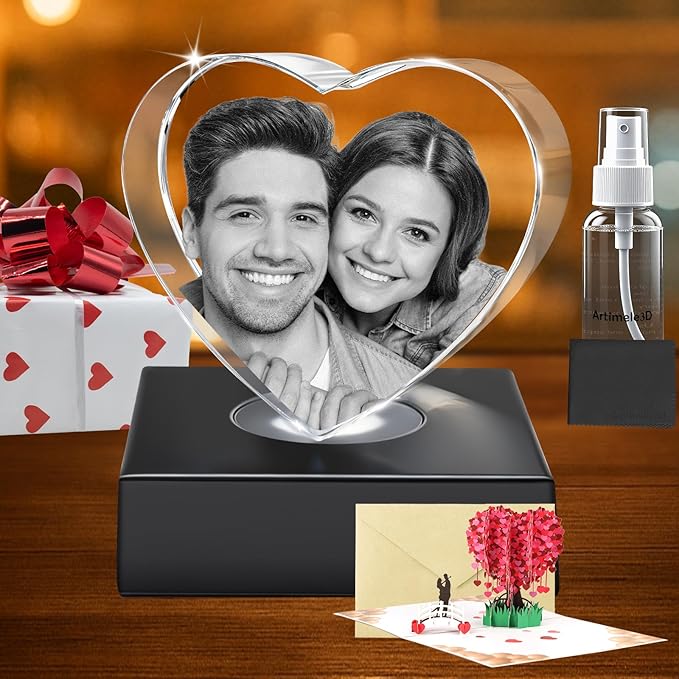 Custom 3D Crystal Photo Heart Large – Premium: Multicolor LED Base, Gift Wrap & 3D Card; Ready to Gift for Grandma & Family