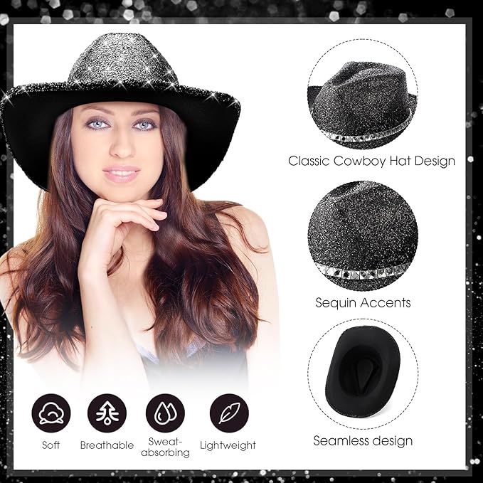 Hercicy 6 Pack Western Cowboy Hats with Rhinestone Tassel Bands Sequin Trim Sparkly Cowgirl Party Hats for Adults Women Men