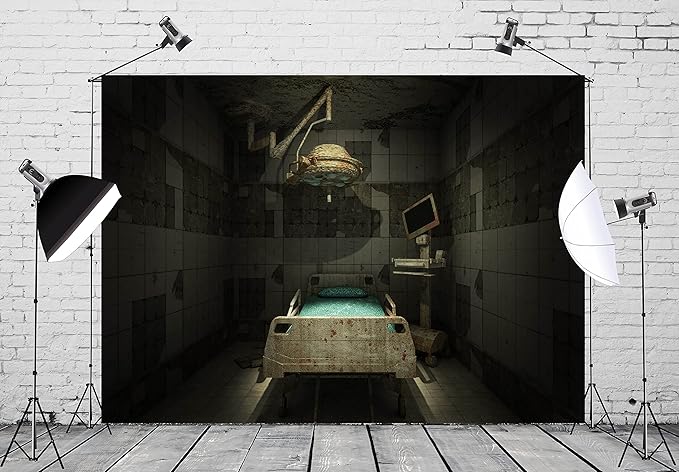 CORFOTO Fabric Creepy Abandoned Operating Room Backdrop Spooky Horror Hospital Interior Background Sickbed Bloody Murder Crime Party Decorations Kids Adults Halloween Party Banner Photo Props