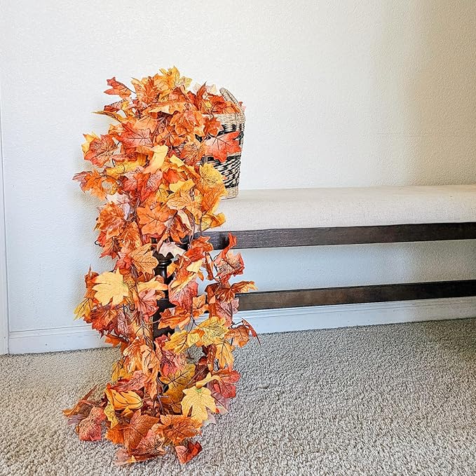 CQURE 8 Pack Fall Leaf Garland, Hanging Fall Vines Autumn Garland Artificial Maple Fall Leaves Thanksgiving Decor for Home Wedding Fireplace Party