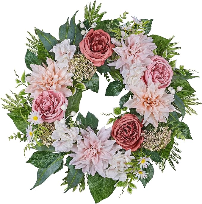 24 Inch Spring Wreath for Front Door with Roses Dahlias Silk Flowers with Berry Greenery for All Seasons Indoor Outdoor Porch Wedding Wall Farmhouse Porch Wall Living Room Home Widding Decor