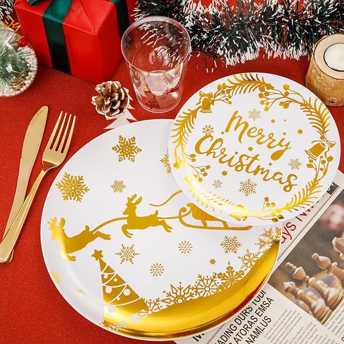 Supernal 150pcs Christmas Plates, Christmas Plastic Dinnerware include Gold Plastic Plates,Gold Disposable Silverware, Disposable Cups, Xmas Party Plate for 25 Guests