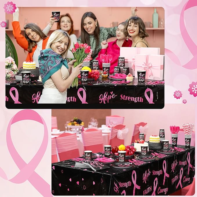 452 Pcs Breast Cancer Awareness Decoration Black Pink Cure Faith Love Paper Plates Napkins Cups Tablecloth Cutlery Straws for Breast Cancer Awareness Month Women Charity Activities Supplies