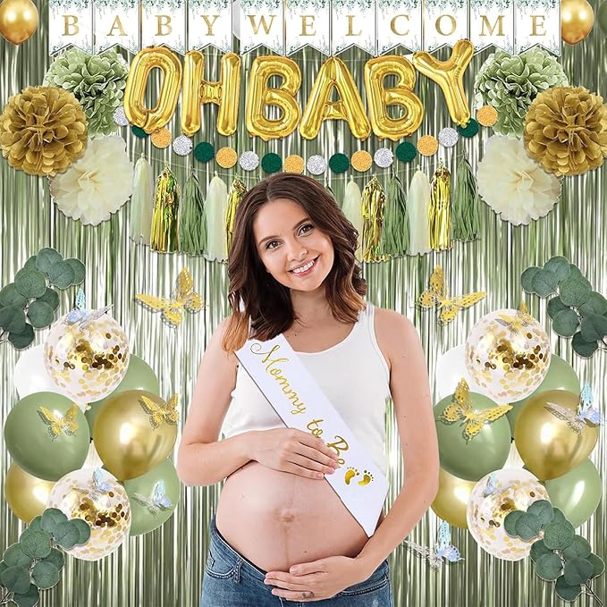 372 Pcs Sage Green Baby Shower Decorations, Neutral Baby Shower Decor Supplies- Disposable Dinnerware Set With Eucalyptus Leaf (50 Guest), "OH BABY" Banner, Balloon, Sash, Cake Topper