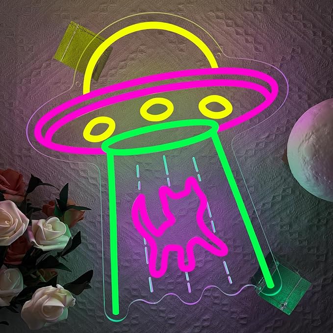 Cat Neon Sign, UFO Cat Spaceship Space Travel Led Neon Light Signs Cat Night Lamp for Astronomy Game Room Man Cave Party Decorations Bedroom Birthday Gift USB Powered(14.4” x 12.6")