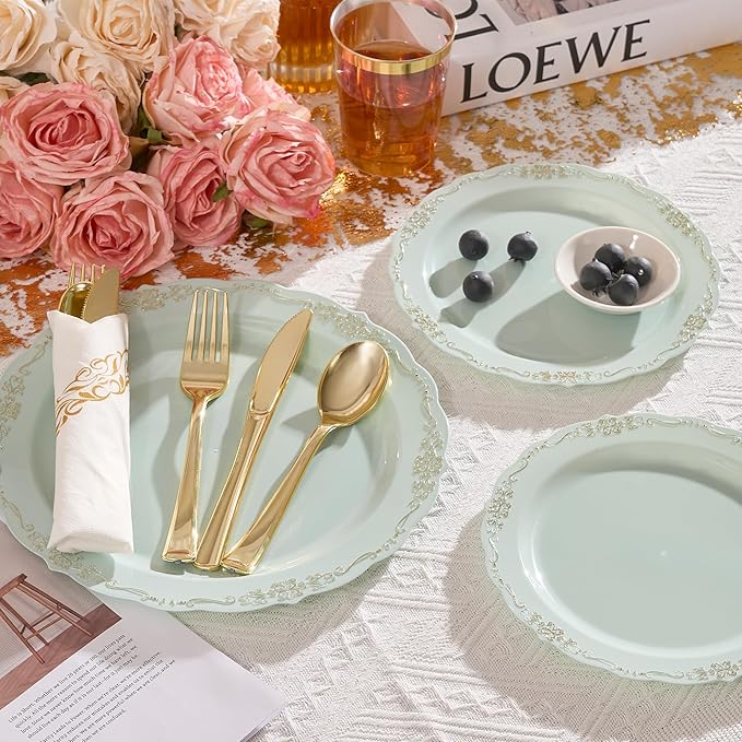 Fijinhom175 PCS Green Disposable Plates, Elegant Dinnerware Set for 25 Guests, 50 Plastic Plates, 75 Silverware, 25 Cups & 25 Paper Napkins, Green