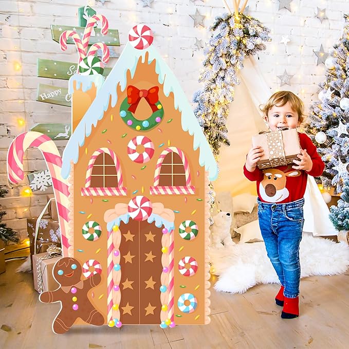 Teling Gingerbread House Photo Booth Props 43.3 x 37.4 Inch Christmas Background Decoration Gingerbread House Backdrop for Winter Merry Xmas Backdrop Indoor Outdoor Winter Holiday Party Supply