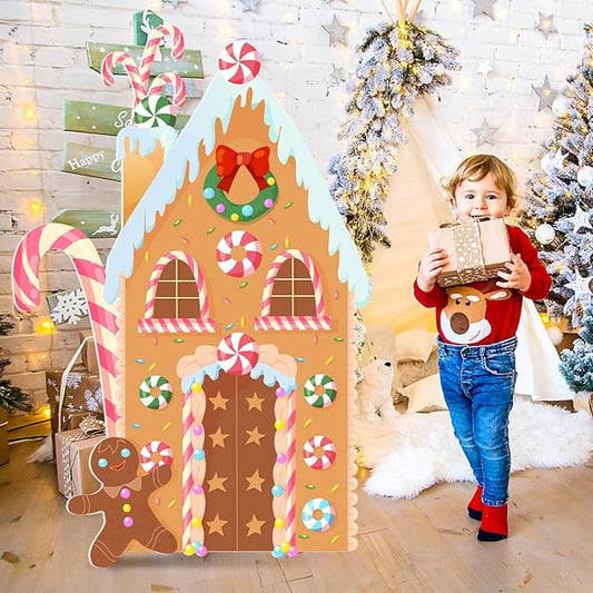 Teling Gingerbread House Photo Booth Props 43.3 x 37.4 Inch Christmas Background Decoration Gingerbread House Backdrop for Winter Merry Xmas Backdrop Indoor Outdoor Winter Holiday Party Supply