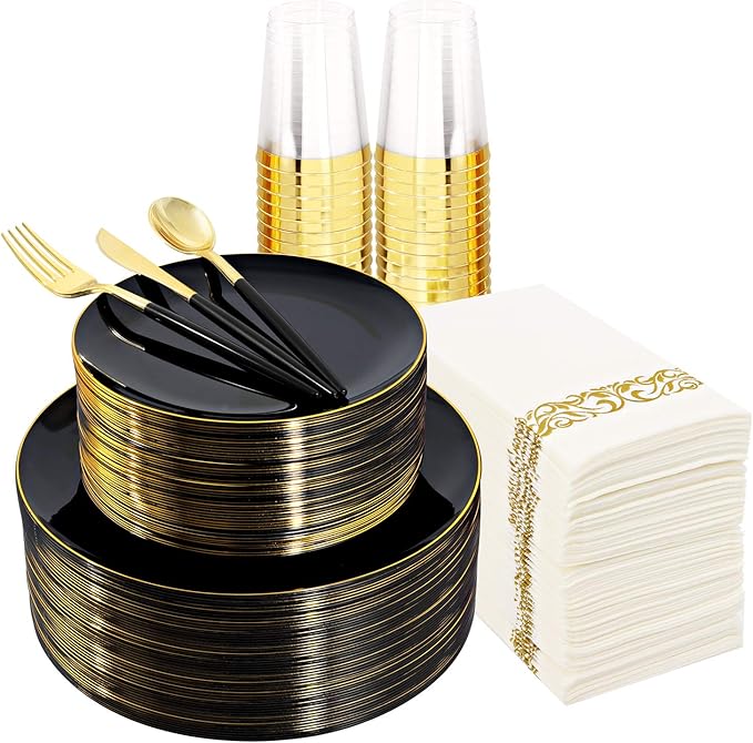 Supernal 350pcs Black Plastic Dinnerware Set - Black and Gold Plastic Plates, Gold Silverware Set, Wedding Party Plate, Cups for Birthday, Party, Wedding,Valentine's Day, Mother's Day and Easter