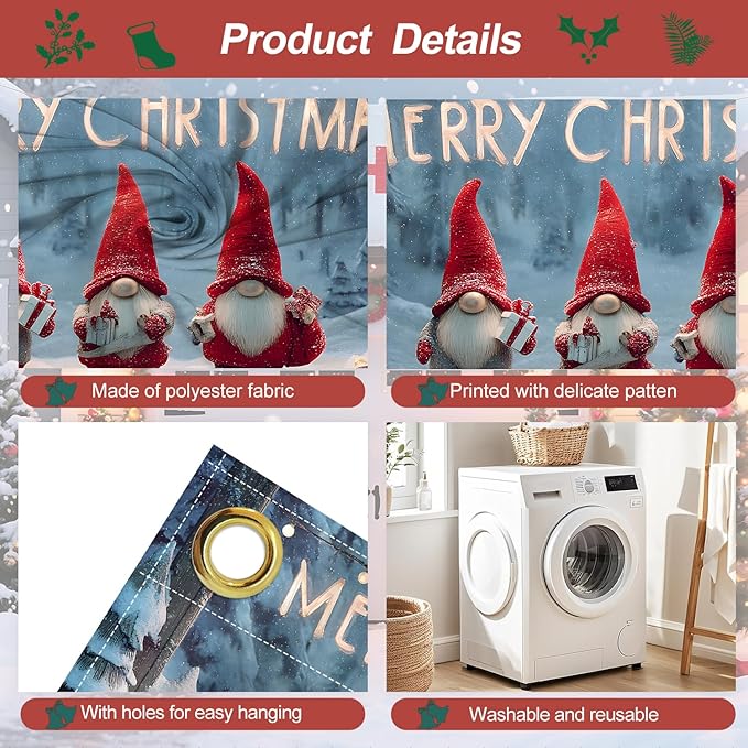 Christmas Garage Door Banner 7x16FT, Cute Christmas Gnomes Garage Door Cover, Large Outdoor Holiday Garage Decoration for Driveway, Porch and Winter Party Backdrop