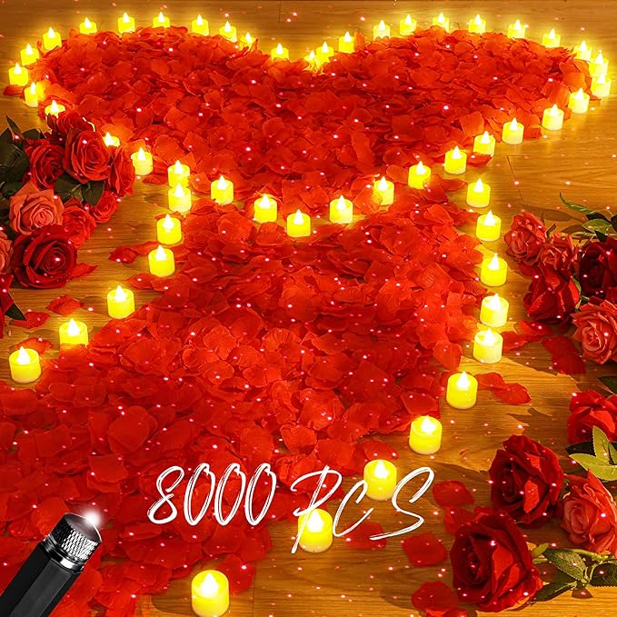 Hanaive 8000 Pcs Artificial Rose Petals with 120 Pcs Flameless LED Tea Light Candles Set Romantic Special Night Decorations for Proposal Anniversary Wedding Valentines Decor(Classic Color)