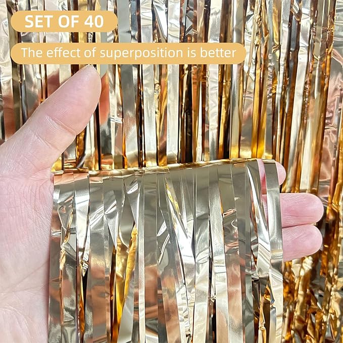 40 Pack Champagne Gold Foil Curtain Backdrop Metallic Tinsel Foil Fringe Curtains Photo Booth Props for Birthday Party Decoration Christmas Holiday Halloween New Year Party Supply