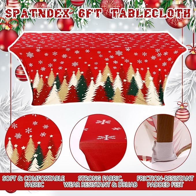 Oudain 2 Pcs Christmas Stretch Table Cover 6 Feet Red Green and Gold Xmas Spandex Table Clothes Christmas Trees Snowflake Party Decorations for Holiday Party Celebration Picnic Dinner Decor