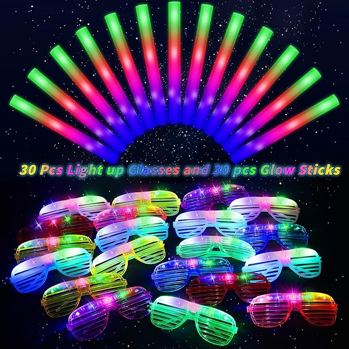 Glow in the Dark Party Supplies Set Bulk Neon Party Favor Toys Includes 20 Led Light up Glasses 10 Color20 Light up Foam Sticks Bulk for Disco Wedding Birthday Concert Halloween Raves Party
