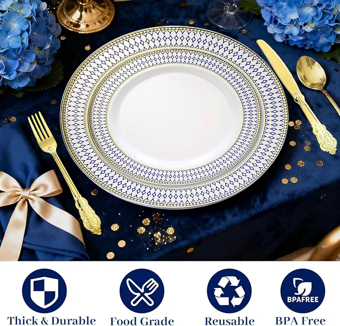 MENDENG 350Pcs Plastic Plates for Party Plates Disposable Heavy Duty Platos Desechables Elegantes, Thanksgiving Christmas Plates Disposable with Cups and Napkins and Gold Cutlery Set