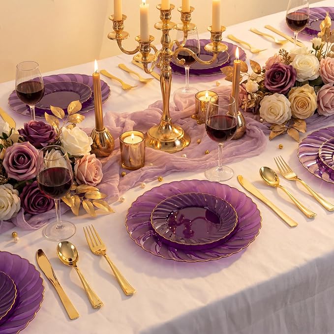 YOUBET 125PCS Purple Plastic Dinnerware Set - Gold and Clear Purple Disposable Plates Include 50 Plastic Plates 75 Silverwares for Wedding Birthday Parties & Mardi Gras Party