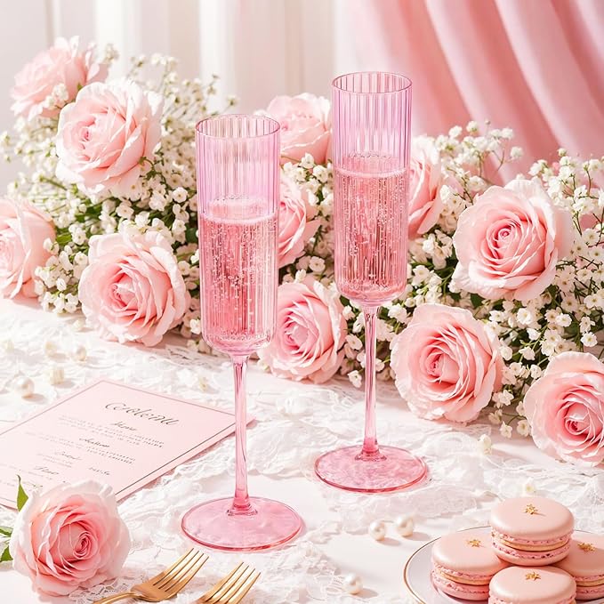 36 Pack Pink Plastic Champagne Flutes - 6oz Ribbed Disposable Champagne Glasses - Clear Pink Vintage Mimosa Glasses with Long Stem Elegant & Lightweight for Valentine's Day Wedding Party