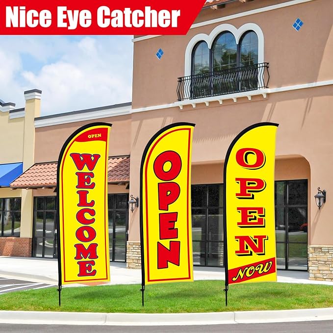 Buryeah 3 Sets Now Open Feather Flag Banner for Business Advertising 7 Feet Tall Grand Opening Feather Flag Sign with Fiberglass Pole Kit Rotating Ground Spike and Portable Bag (Yellow)