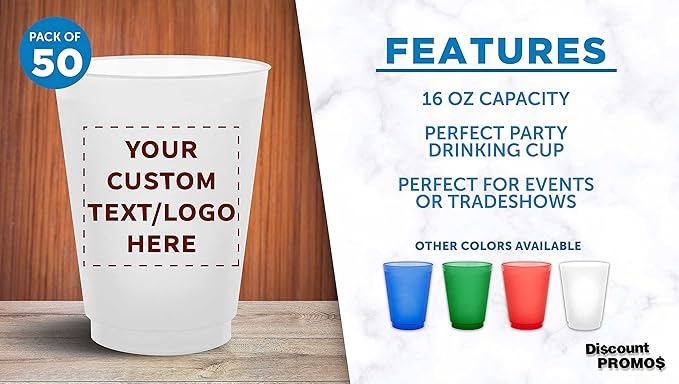 DISCOUNT PROMOS Custom Frosted Plastic Stadium Cups, 50 pack, Promotional Text, Logo, 16 oz. Shatterproof Flexible Reusable Party Cups, Natural