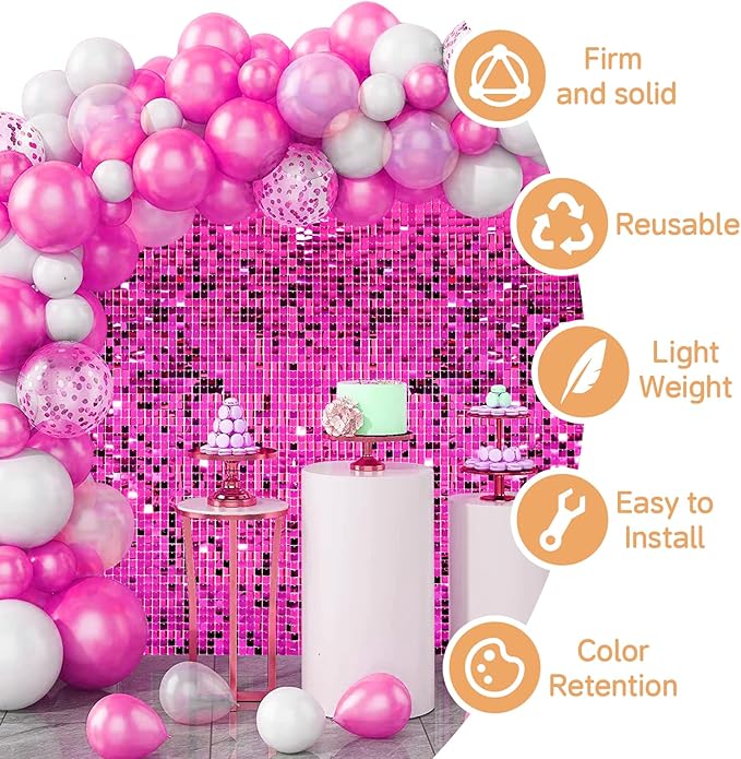 Hot Pink Shimmer Wall Backdrop,Shiny Sequins,24Pcs Sequins Backdrop Decoration Panels, Glitter Bling Photo Background Decorations for Birthday Party Wedding Engagement Anniversary Graduation