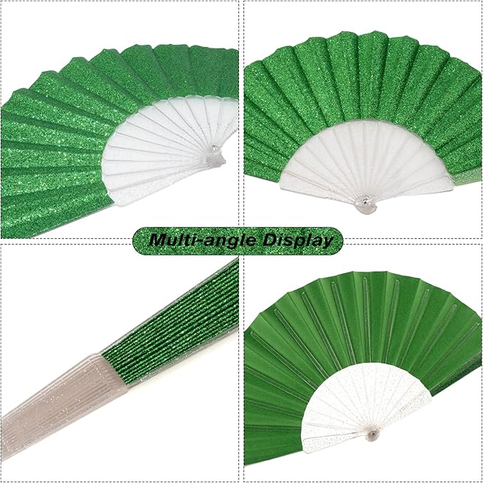 48 Pack Handheld Fan,Folding Hand Glitter fan with Shining Transparent Fan Rib – Ideal for Wedding, Church, Festival, Dance, Tea Party, Club, and EDM Accessories, Light green