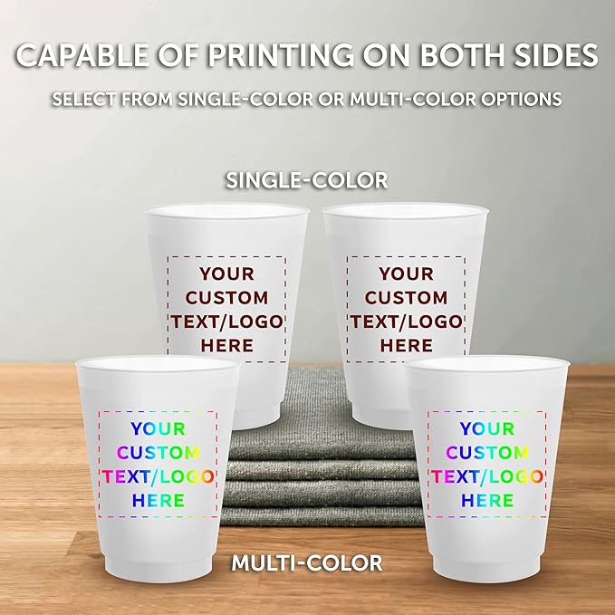 DISCOUNT PROMOS Custom Frosted Plastic Stadium Cups, 50 pack, Promotional Text, Logo, 16 oz. Shatterproof Flexible Reusable Party Cups, Natural