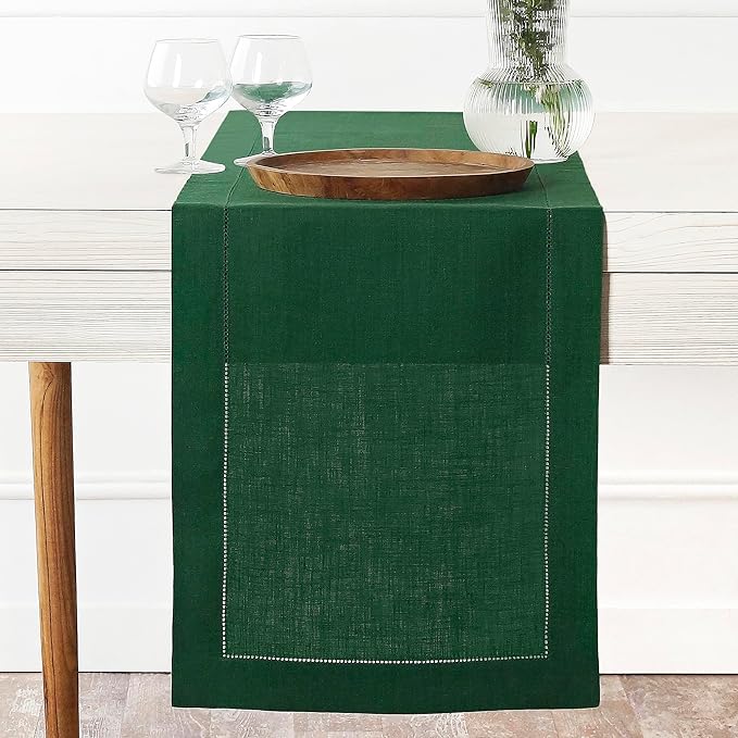 D'Moksha Homes Linen Forest Green Table Runner 108 Inches Long - 100% Pure Linen 14 x 108 Inch Table Runner for St Patricks Day, Easter - Classic Hemstitch