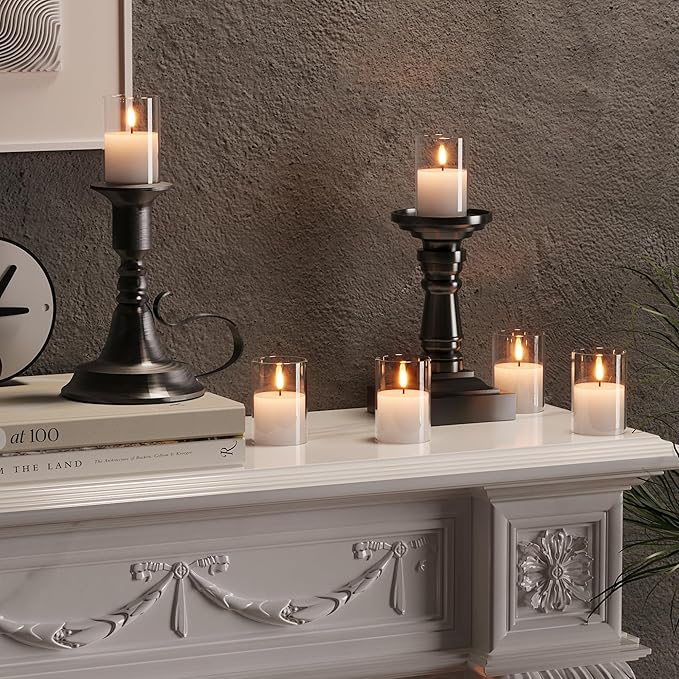12Pack Glass Flickering Flameless Candles with Remote, 2"X3" Real Wax Votive Candles Battery Operated, Small Electric LED Candles for Wedding Home Decor, w/4 Timers+2 Lighting Modes [Clear]