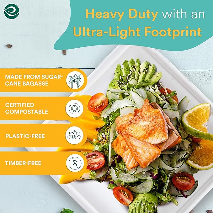 ECO SOUL 10 Inch Compostable Disposable Paper Plates [200 Pack] Food Safe 100% Virgin Bagasse Pulp Heavy Duty Biodegradable Microwave Safe Large Square Dinner Plate for Party, Picnic & BBQ (White)