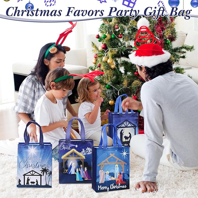 Wesnoy 48 Pcs Nativity Christmas Gift Bags Bulk 10 x 8 x 4 Inch Reusable Non Woven Jesus Goodie Bags with Handles- Large Christian Candy Treat Totes for Religious Holy Night Holiday Party Favor