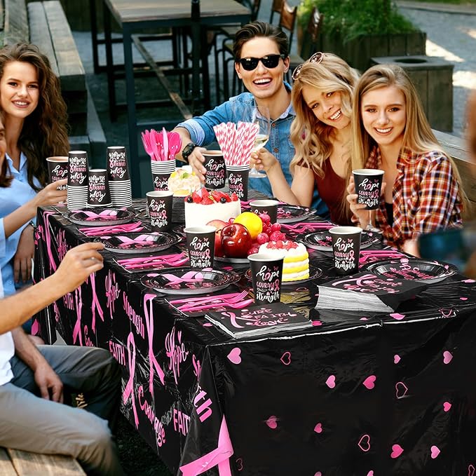 452 Pcs Breast Cancer Awareness Decoration Black Pink Cure Faith Love Paper Plates Napkins Cups Tablecloth Cutlery Straws for Breast Cancer Awareness Month Women Charity Activities Supplies