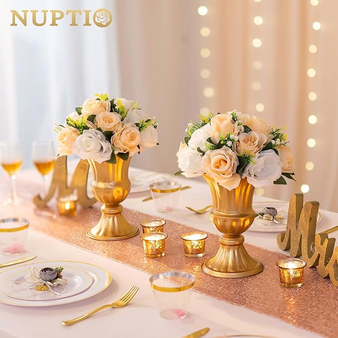 NUPTIO Artificial Flower Centerpieces for Tables: 6 Pcs Peachy Champagne & White Flower Ball Arrangement for Wedding Party - 9.5 Inch Diameter Floral Rose for Bridal Shower Decor