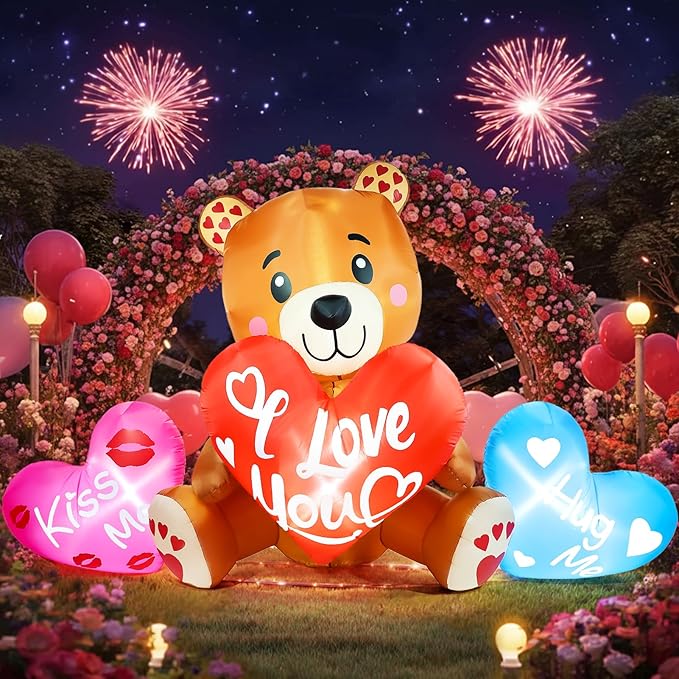 LETIME 10.5 FT Long Valentines Inflatables Outdoor Decorations Valentines Day Blow up Bear with Hearts and LED Lights for Holiday Party Outdoor Yard Garden Lawn Wedding Anniversary