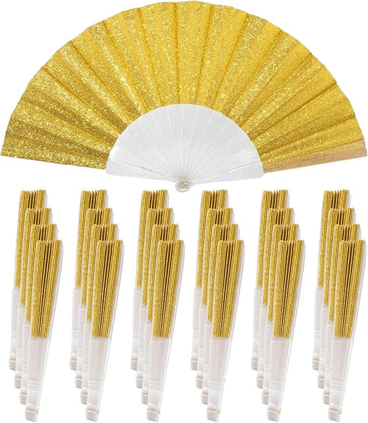 24 Pack Handheld Fan,Folding Hand Glitter Fan with Shining Transparent Fan Rib – Ideal for Wedding, Church, Festival, Dance, Tea Party, Club, and EDM Accessories, Yellow