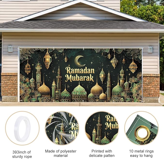 Ramadan Mubarak Garage Door Banner 7x16FT, Islamic Crescent Moon & Lanterns Design, Outdoor Decoration for Ramadan and Eid Celebrations