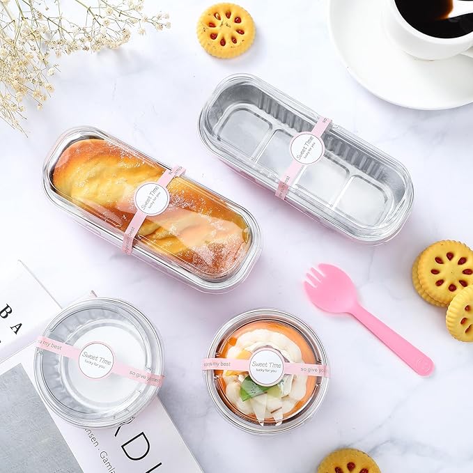 Suclain 600 Pcs Valentine's Day Pink Mini Loaf Pans with Lids and Spoons Sealing Stickers 6.8oz Disposable Aluminum Foil Muffin Baking Pans 5oz Cupcake Cups Cake Containers for Valentines Party
