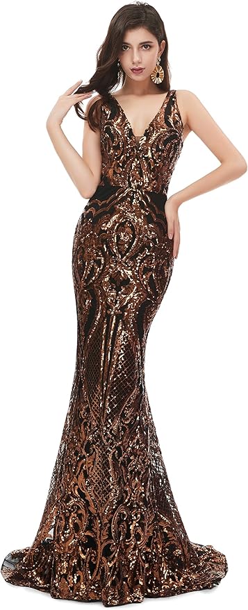 Women's Double V-Neck Sequins Lace-up Mermaid Evening Dress