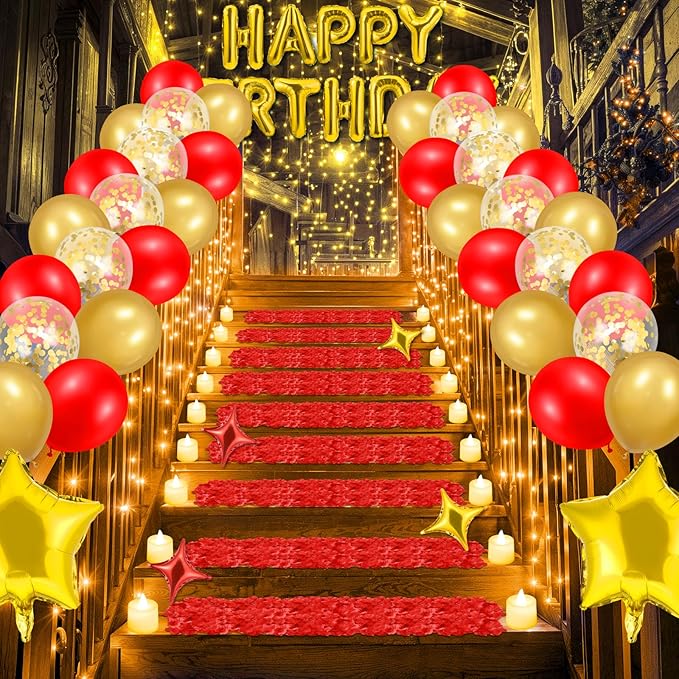 Gold Happy Birthday Balloons Decorations Red and Gold Birthday Balloon Letters Banner with 6 Pcs Star Balloons Red Artificial Rose Petals 24 Flameless LED Candles for Room Golden Bday Party Supplies
