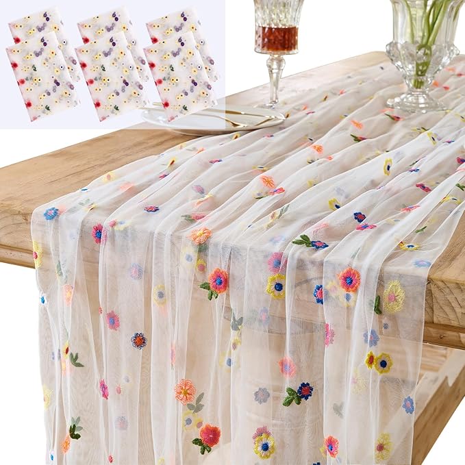 6PCS Lvory Floral Table Runner 10 FT, Embroidery Daisy Table Runners Seasonal Spring Summer Sheer Tulle Dining Table Decor for Home Party Birthday Decor 29x120 Inch ﻿