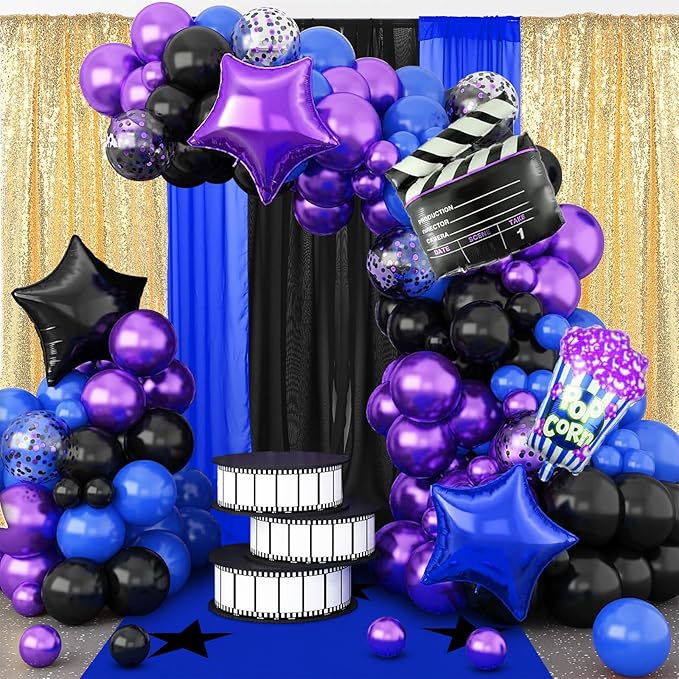 Gold Black Blue 7 Pcs Movie Night Sequin Backdrop Curtains 2ft x 8ft Photo Background Curtain Stage Door Entrance Runner Cover for New Year Movie Night Theme Party Wedding Birthday Decor
