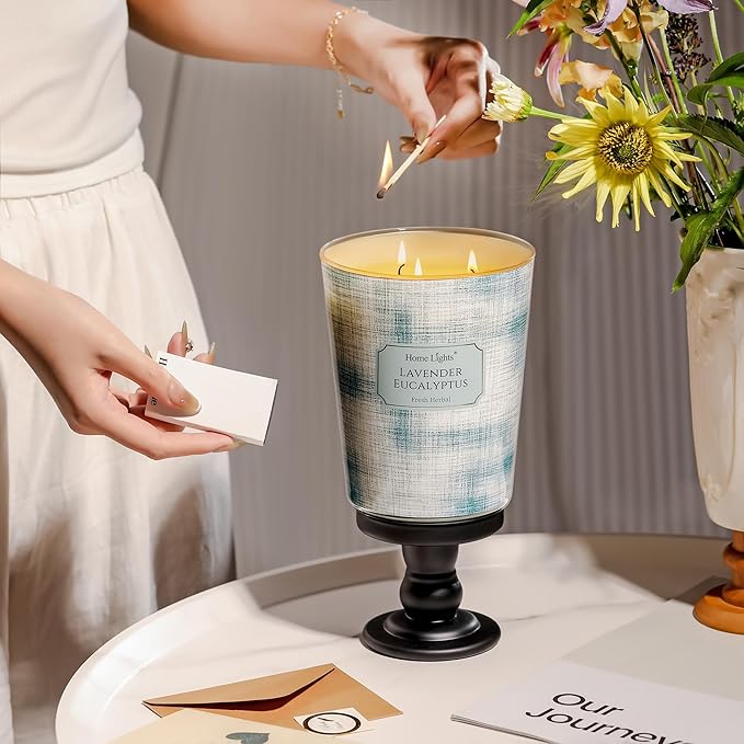 HomeLights Scented Candles | Large Jar 34 Oz Natural Soy Candle | 130 hrs Long-Lasting with 3 Wicks | Scandinavian Minimalist Design Home Decor | Gifts for Mom & Women, Lavender Eucalyptus